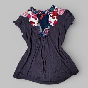 Anthropologie One September Flutter Short Sleeve Embroidered Top